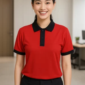 Áo poly đỏ tươi phối cổ, trụ và bo tay màu đen