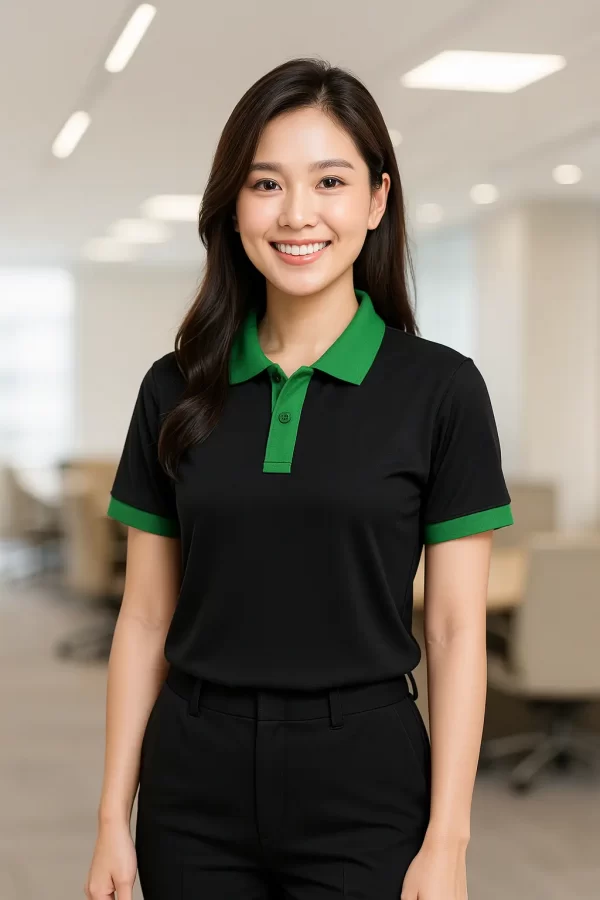 Áo poly xanh két phối đen