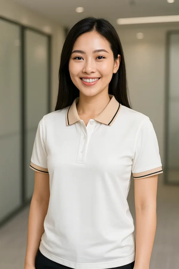 Áo poly trắng phối be