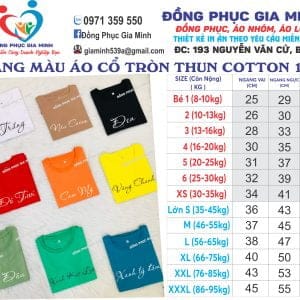 bang mau ao thun co tron coton 100