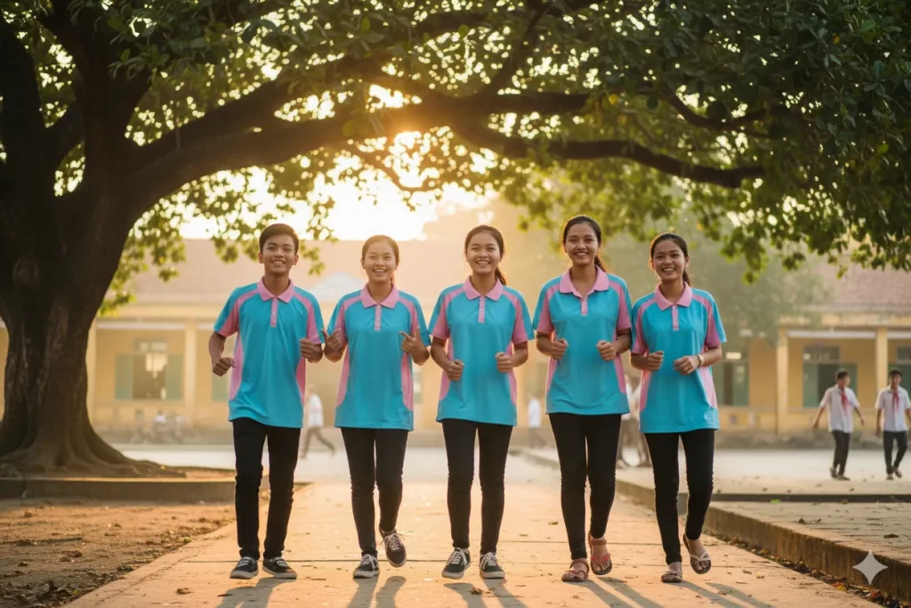 Năm học sinh mặc áo lớp cổ bẻ màu xanh dương phối hồng, đứng dưới tán cây trong sân trường tại Buôn Ma Thuột vào buổi sáng, thể hiện tinh thần đoàn kết và năng động của đồng phục lớp học sinh.