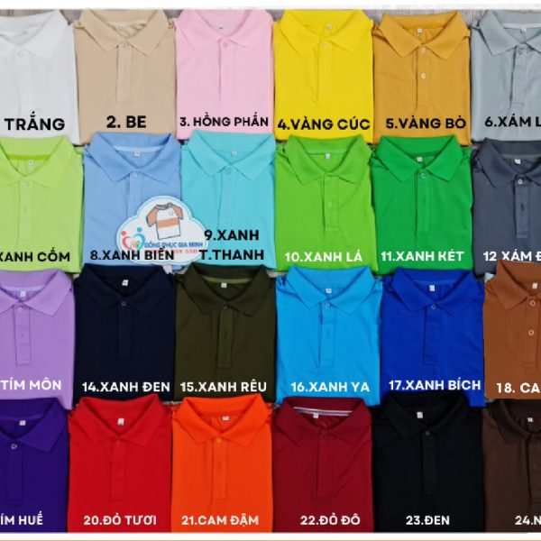 Bảng màu áo polo vải poly Thái, 24 màu xếp phẳng có đánh số và ghi tên từng màu