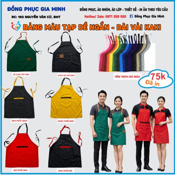 Bảng màu tạp dề dài có yếm vải kaki giá 75.000đ đã in, mẫu ve chai đen phối vàng đỏ phối đen và yếm trơn đủ màu