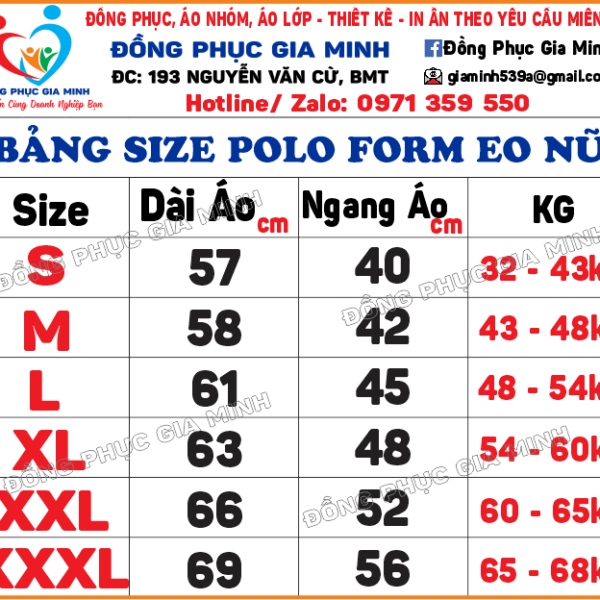 Bảng size áo polo form eo nữ của Đồng Phục Gia Minh, size S đến XXXL theo chiều dài áo, ngang áo và cân nặng