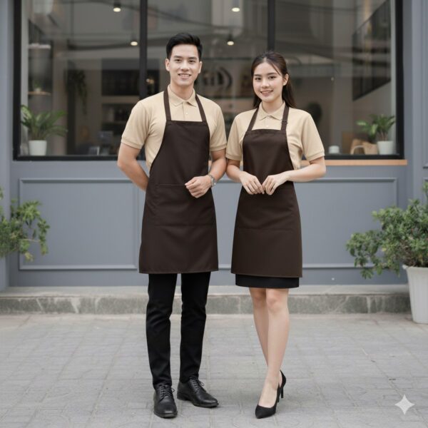 Nhân viên quán mặc áo be phối tạp dề nâu đứng trước mặt tiền quán cà phê