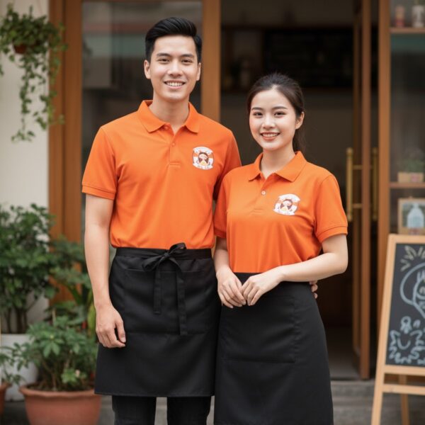 Nhân viên quán mặc áo polo cam phối tạp dề đen đứng trước cửa quán