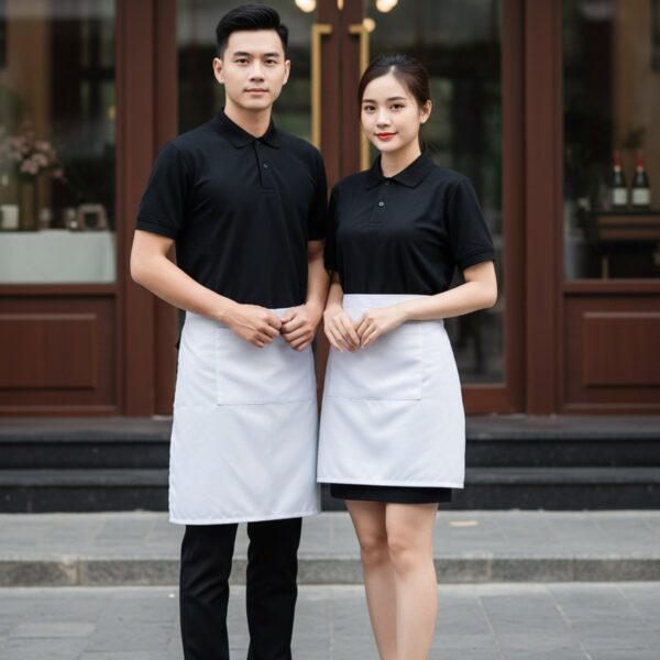 Hai nhân viên quán mặc áo polo đen phối tạp dề trắng đứng trước cửa quán cà phê