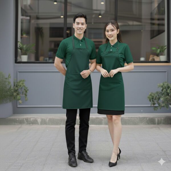 Nhân viên quán cà phê mặc áo polo xanh ve chai và tạp dề cùng màu đứng trước quán