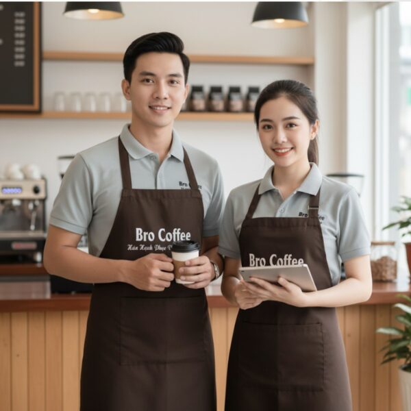 Nhân viên pha chế mặc áo xám phối tạp dề nâu in tên quán đứng tại quầy bar quán cà phê