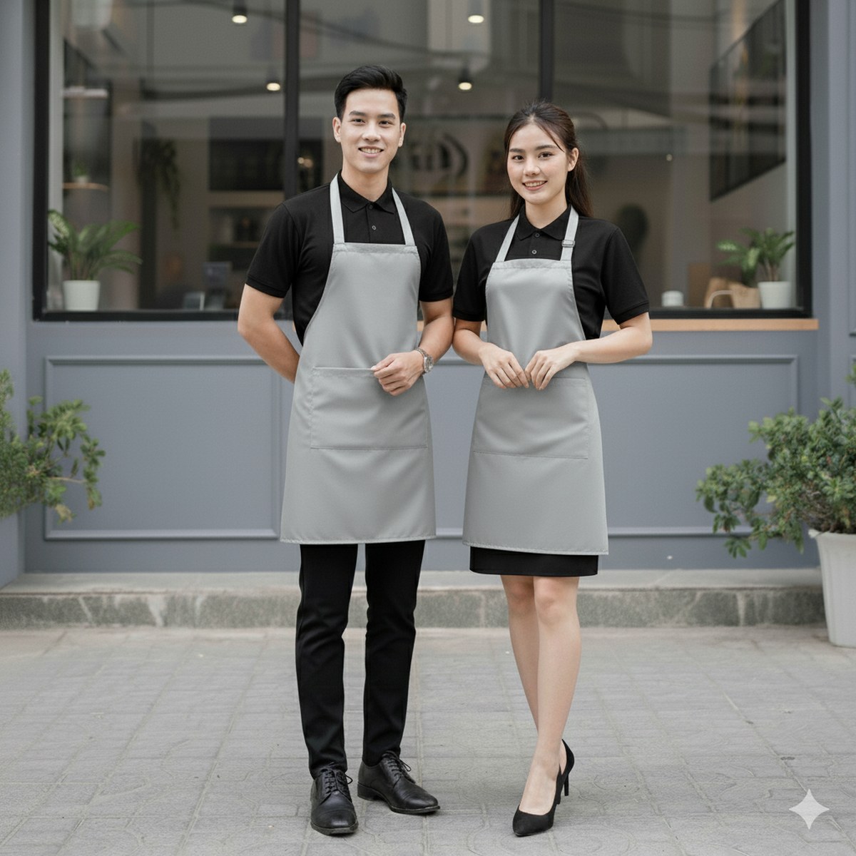 Nhân viên quán ăn mặc áo polo đen phối tạp dề xám ghi đứng trước quán