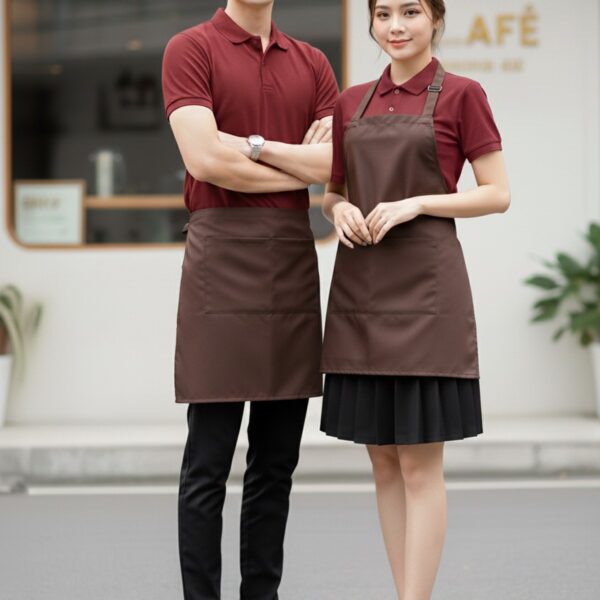Nhân viên quán ăn mặc áo polo đỏ đô phối tạp dề nâu đứng trước quán