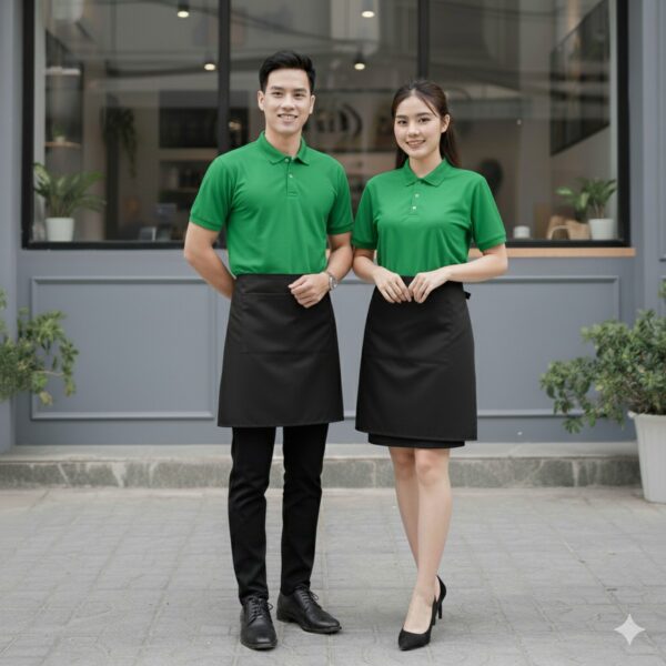 Nhân viên quán ăn mặc áo polo xanh két phối tạp dề đen đứng trước quán