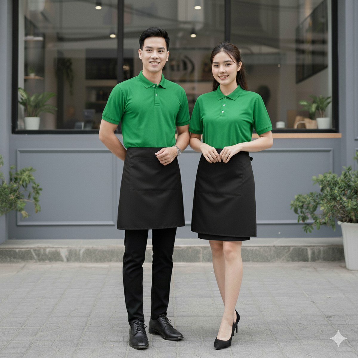 Nhân viên quán ăn mặc áo polo xanh két phối tạp dề đen đứng trước quán