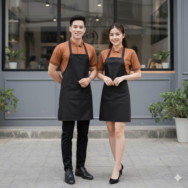 Nhân viên quán cà phê mặc áo polo màu ca cao phối tạp dề nâu đứng trước quán