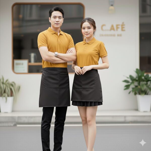 Nhân viên quán cà phê mặc áo polo vàng bò phối tạp dề nâu đứng trước quán cafe