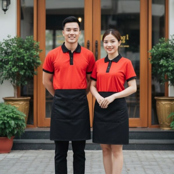 Nhân viên quán nướng mặc áo polo đỏ phối đen và tạp dề đen đứng trước quán
