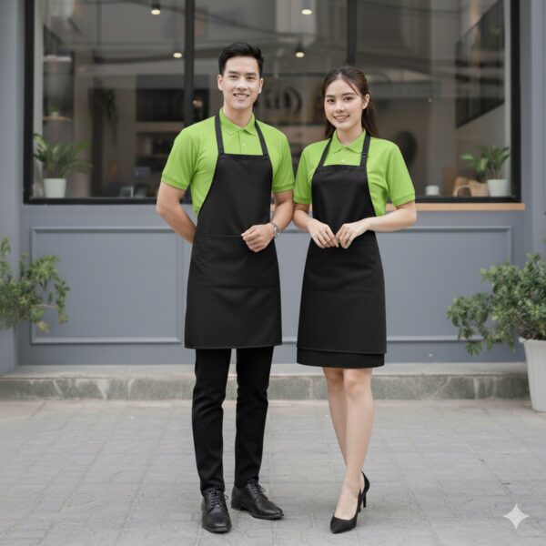 Nhân viên quán trà sữa mặc áo polo xanh cốm phối tạp dề đen đứng trước quán