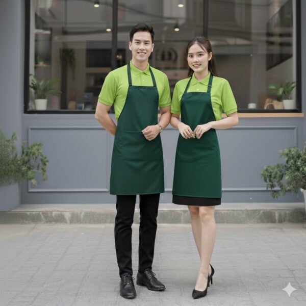Nhân viên quán trà sữa mặc áo xanh cốm và tạp dề xanh ve chai đứng trước quán