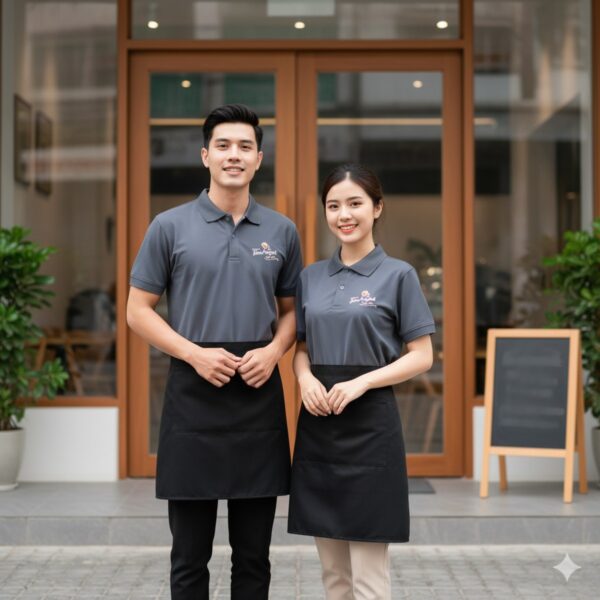 Nhân viên quán mặc áo polo xám đậm phối tạp dề đen theo phong cách tối giản